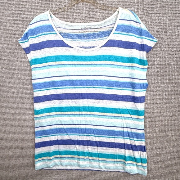 Talbots Tops - Talbots Women's Striped Linen Top Blue Turquoise White Crew Neck Sz L‎ Beach